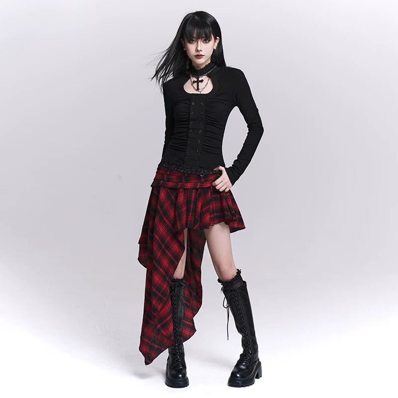 Women’s Red Plaid Skirt – Asymmetrical Hem A-Line Mini Skirt