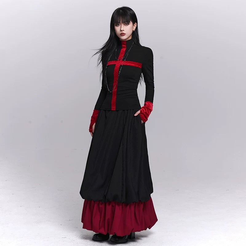 Women’s Black and Red Floral Maxi Skirt – A-Line Fall Winter Skirt