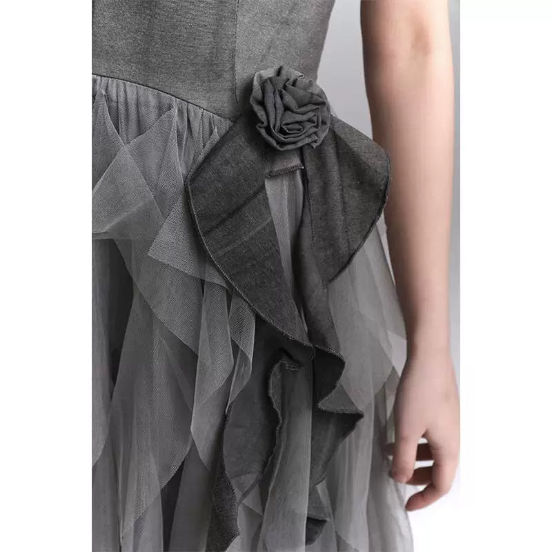 Gray Mesh Suspender Maxi Dress for Women – Gothic-Inspired A-Line Long Dress