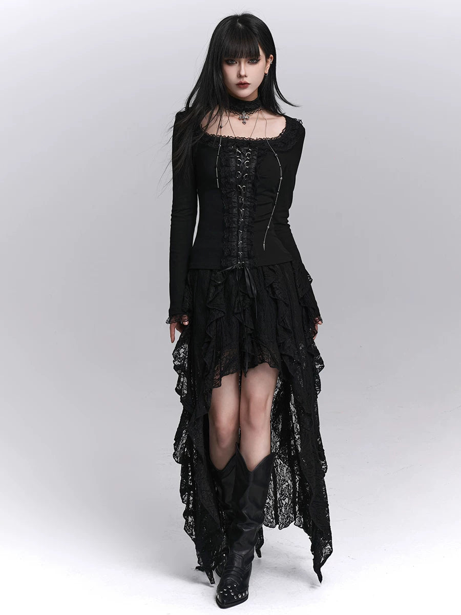 Black Fitted Gothic Long Sleeve Top for Women – Base Layer Top