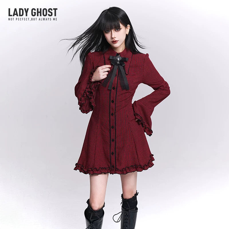 Women’s Red Plaid Shirt Dress – Bell Sleeve A-Line Mini Dress