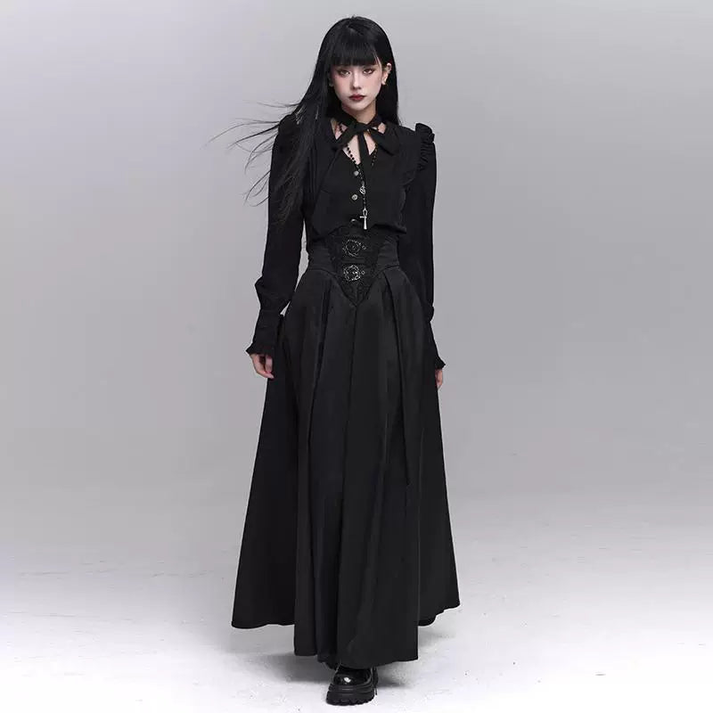 Black High-Waisted Asymmetrical Maxi Skirt for Women – Gothic A-Line Long Skirt