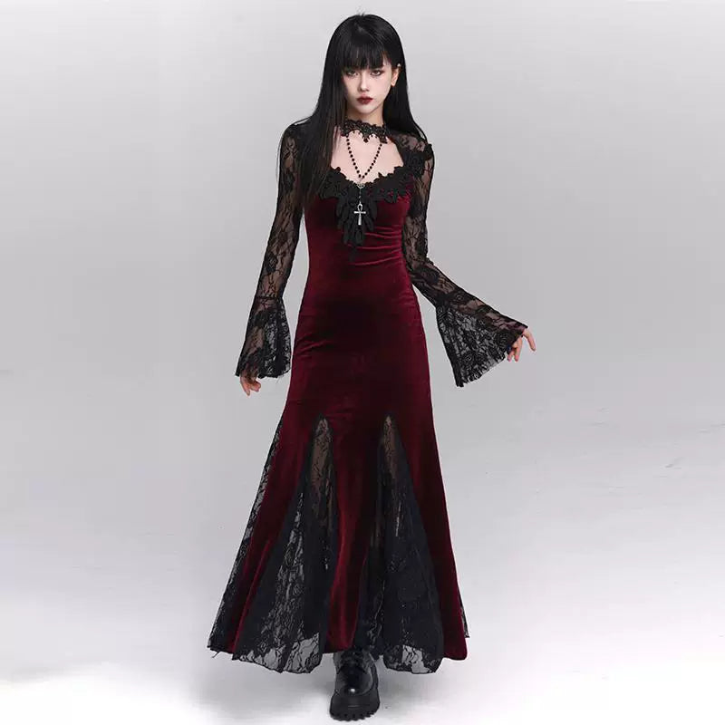 Red Gothic A-Line Maxi Dress for Women – Elegant Long Sleeve Dress