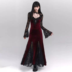 Red Gothic A-Line Maxi Dress for Women – Elegant Long Sleeve Dress
