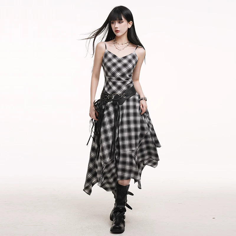Black and White Plaid Suspender Mini Dress for Women – Asymmetrical A-Line Dress
