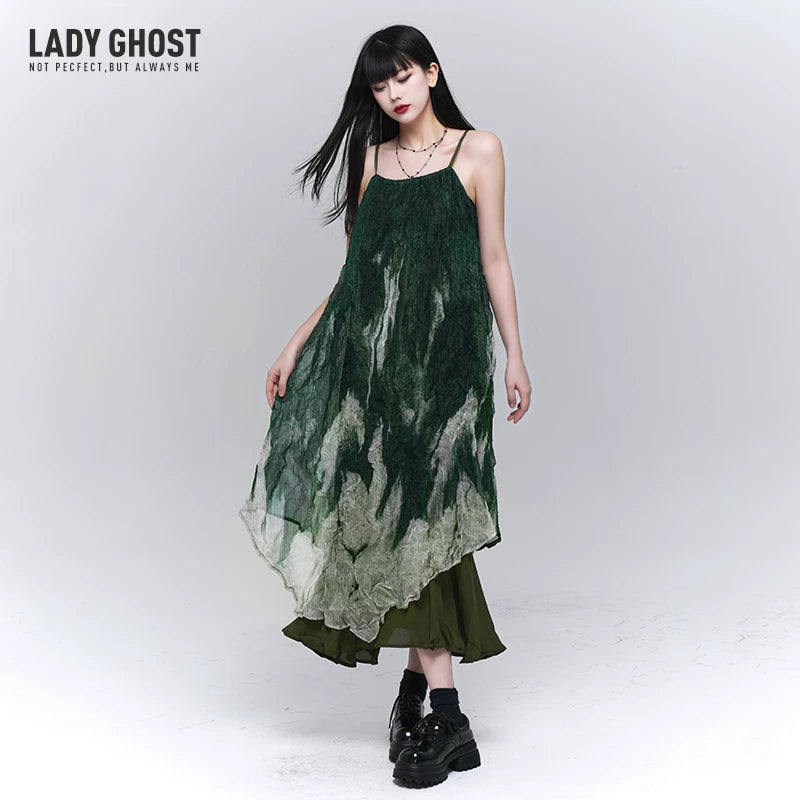 Green Gradient Suspender Maxi Dress for Women – Sleeveless A-Line Dress