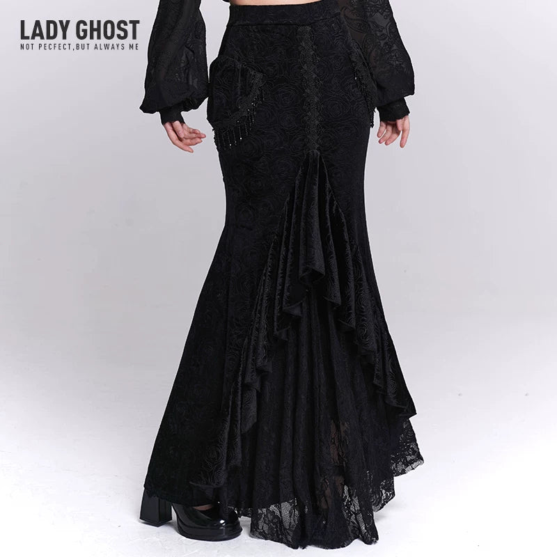 Women’s Black Velvet Midi Skirt – Fishtail Mermaid Hem Skirt