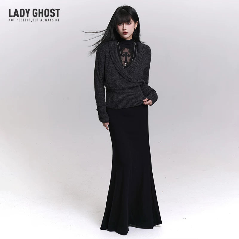 Women’s Black Gothic Maxi Dress – Long Sleeve A-Line Dark Style Layering Dress