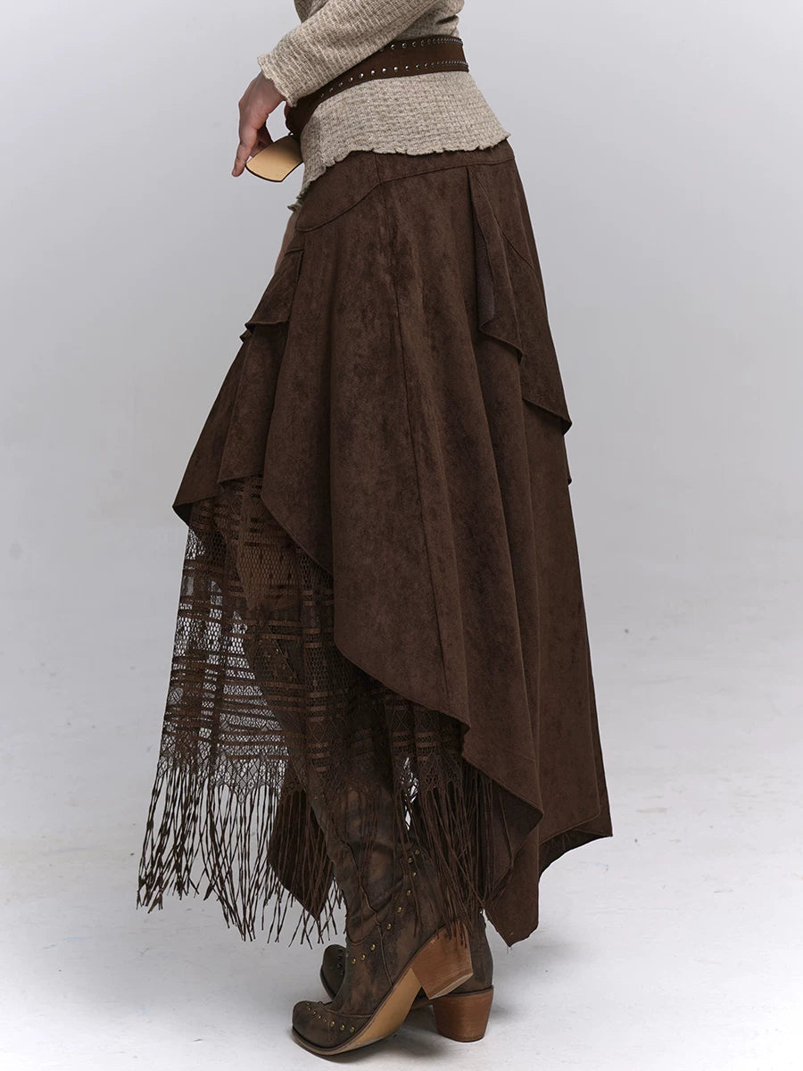 Suede Brown A-Line Maxi Skirt Set for Women – Long Sleeve Blouse, Vintage-Inspired Dark Academia Outfit
