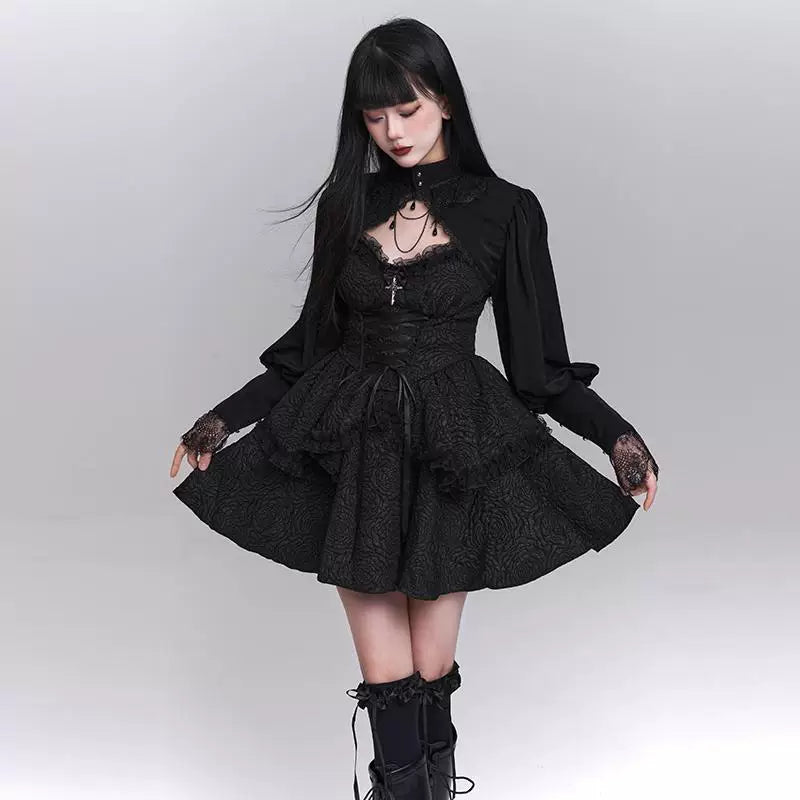 Women’s Black Suspender Puff Midi Dress – Gothic Style A-Line Dress