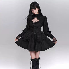 Women’s Black Suspender Puff Midi Dress – Gothic Style A-Line Dress