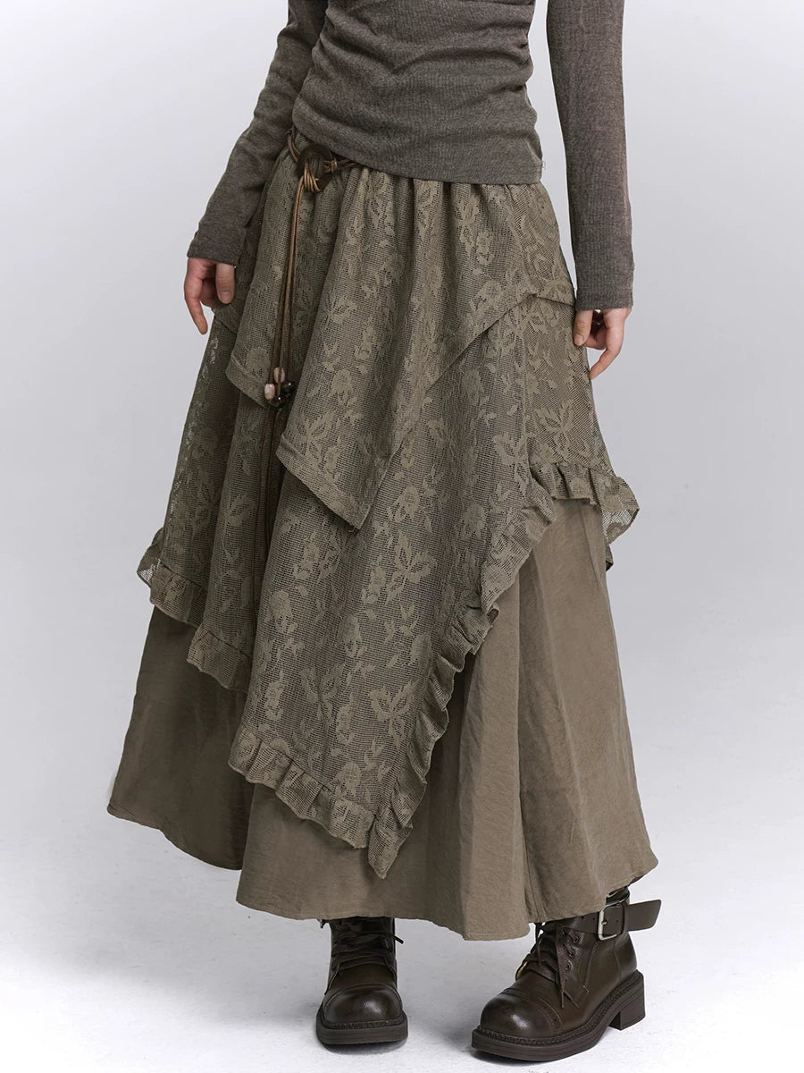 Brown High-Waisted Lace Maxi Skirt for Women – Layered A-Line Long Skirt