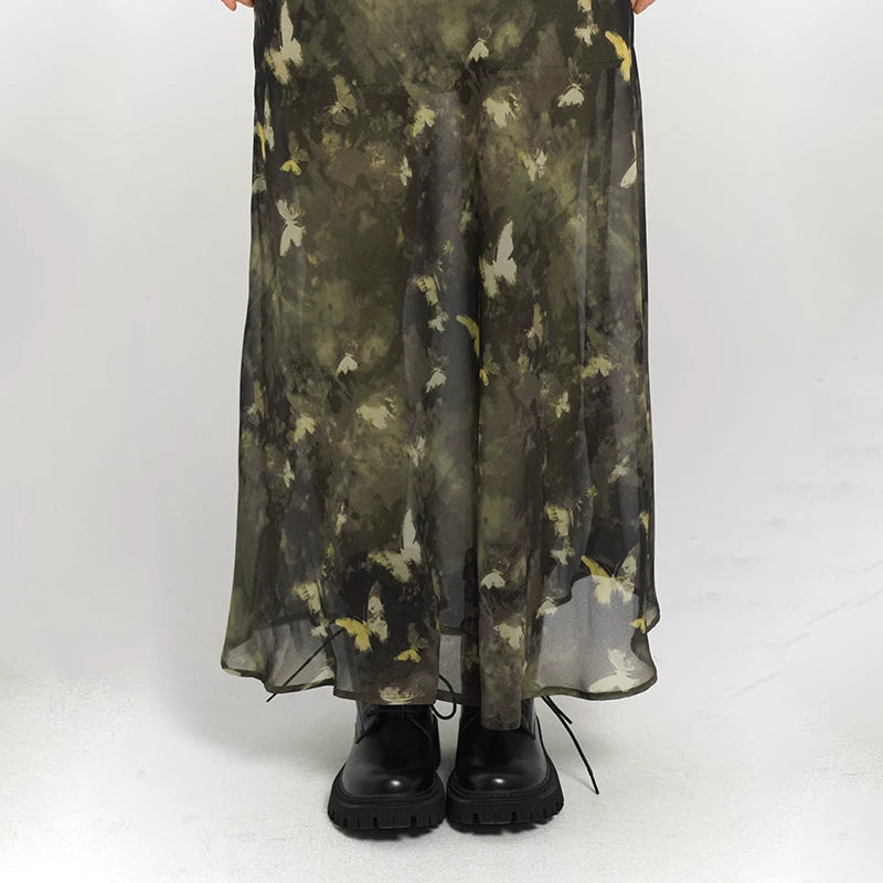 Green Butterfly Print Suspender Maxi Dress for Women – Fitted Summer Dress