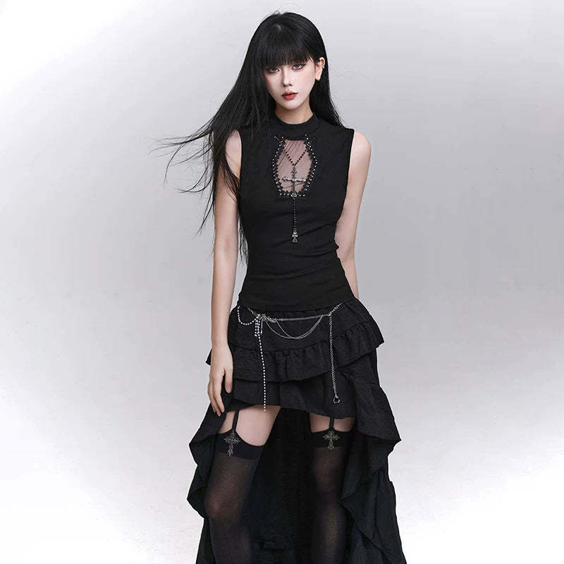 Black Sleeveless Tank Top for Women – Gothic-Inspired Fitted Summer Top