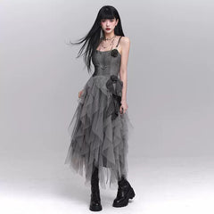 Gray Mesh Suspender Maxi Dress for Women – Gothic-Inspired A-Line Long Dress