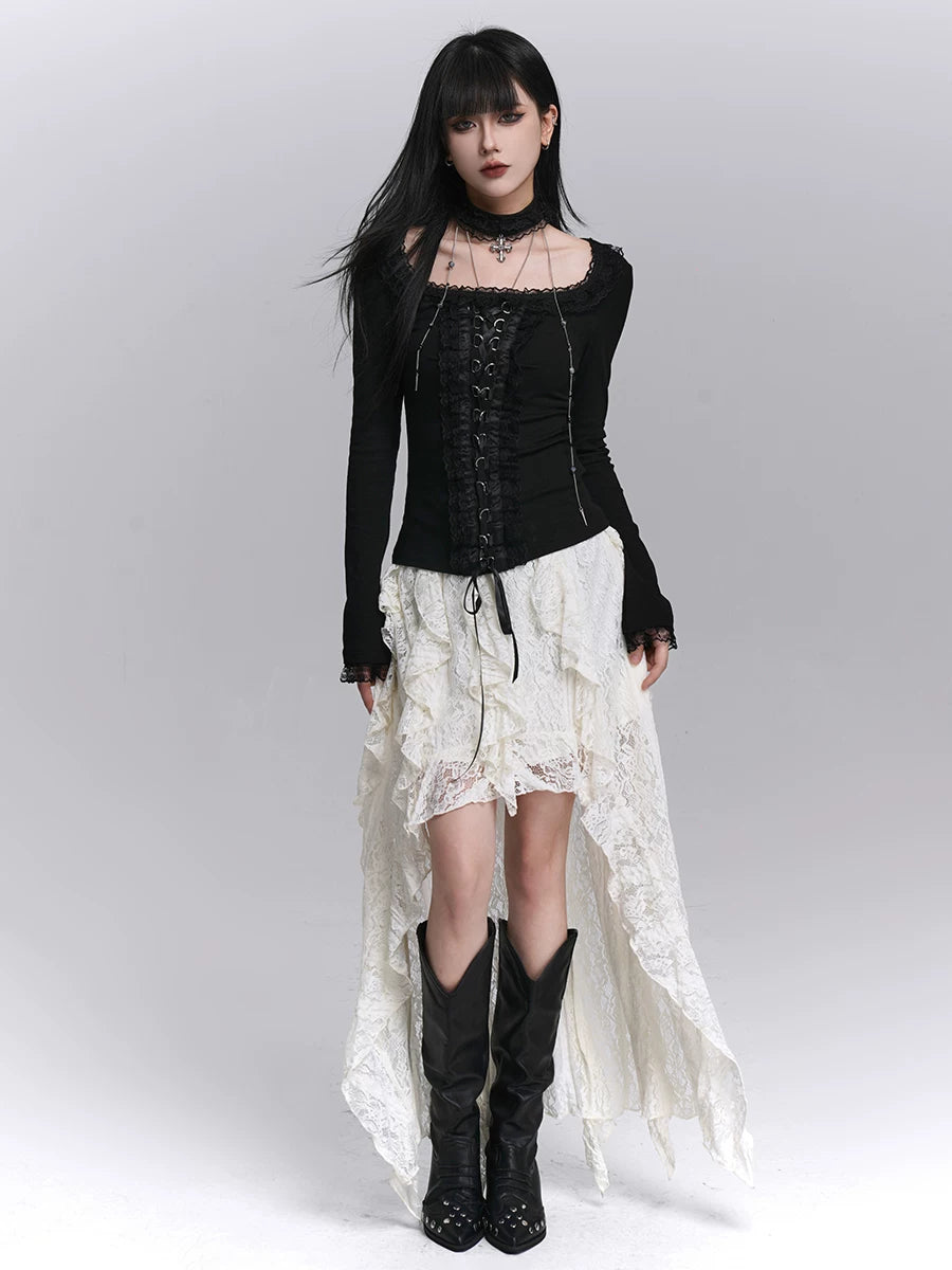 Women’s Black Lace A-Line Midi Skirt with Irregular Hem – High-Waisted for Fall and Halloween