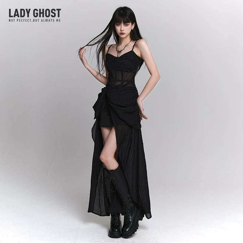 Black Suspender Maxi Dress for Women – Gothic-Inspired A-Line Long Dress