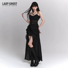 Black Suspender Maxi Dress for Women – Gothic-Inspired A-Line Long Dress