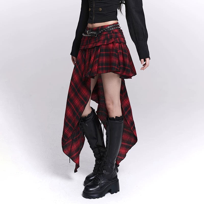 Women’s Red Plaid Skirt – Asymmetrical Hem A-Line Mini Skirt