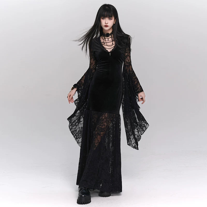 Black Gothic Maxi Dress for Women – Medieval-Inspired Long Sleeve Dress