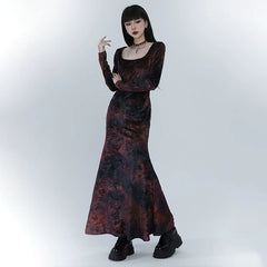Red Velvet Fishtail Maxi Dress for Women – Elegant Long Sleeve Dress