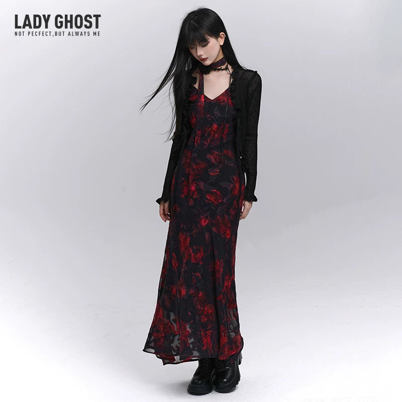 Women’s Black and Red Floral Suspender Midi Dress – A-Line for Summer and Events