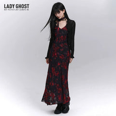 Women’s Black and Red Floral Suspender Midi Dress – A-Line for Summer and Events
