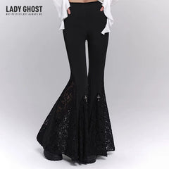 Women’s Black High-Waisted Flared Pants with Cross Detail – Gothic Style Wide Leg Trousers
