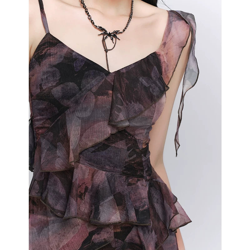 Purple Asymmetrical Suspender Maxi Dress for Women – Gothic-Inspired A-Line Dress