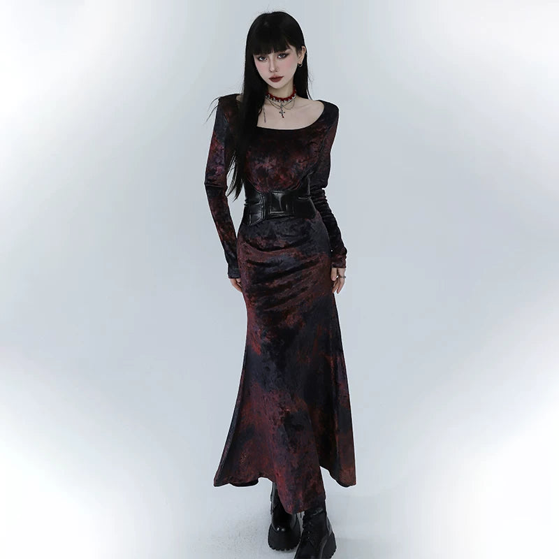 Red Velvet Fishtail Maxi Dress for Women – Elegant Long Sleeve Dress