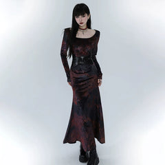 Red Velvet Fishtail Maxi Dress for Women – Elegant Long Sleeve Dress