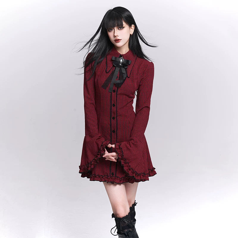Women’s Red Plaid Shirt Dress – Bell Sleeve A-Line Mini Dress
