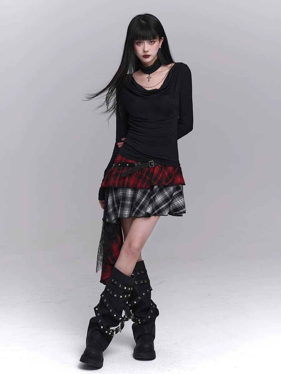 Plaid Asymmetrical Mini Skirt for Women – Gothic-Inspired A-Line Skirt
