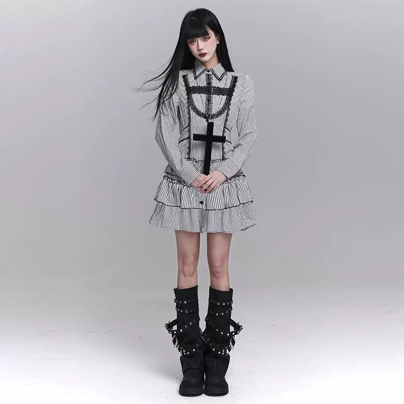 Striped Gothic Shirt Mini Dress for Women – Long Sleeve Button-Up Dress