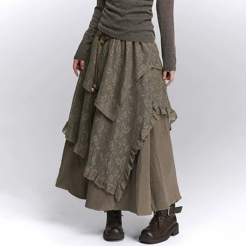 Brown High-Waisted Lace Maxi Skirt for Women – Layered A-Line Long Skirt