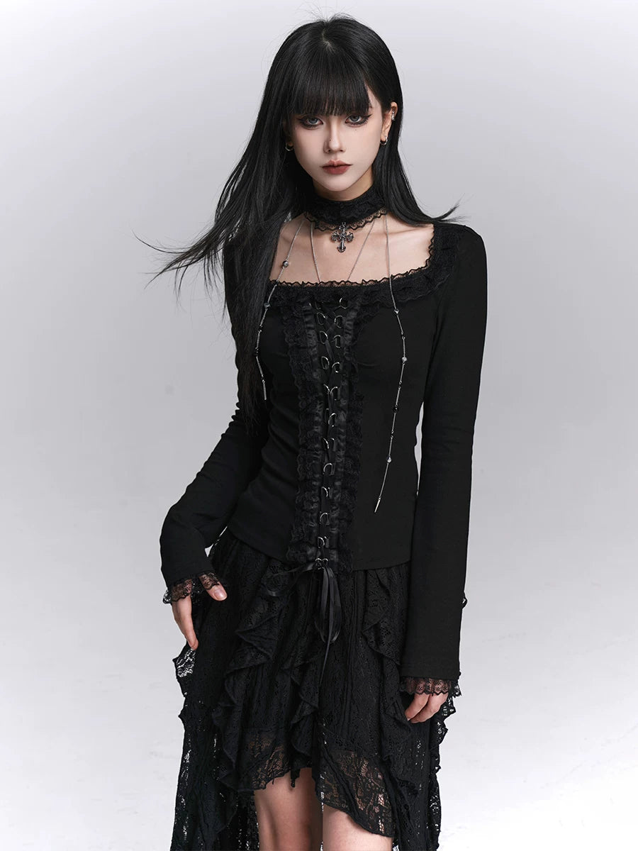 Black Fitted Gothic Long Sleeve Top for Women – Base Layer Top