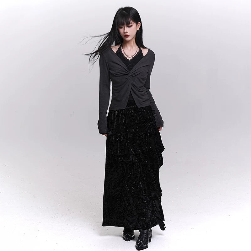Women’s Brown Velvet Maxi Skirt – Asymmetrical Long Skirt