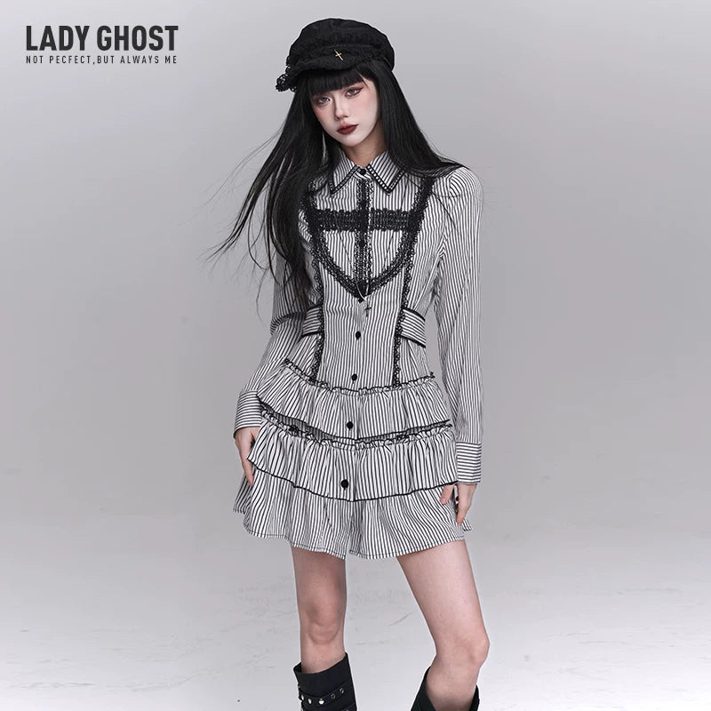 Striped Gothic Shirt Mini Dress for Women – Long Sleeve Button-Up Dress