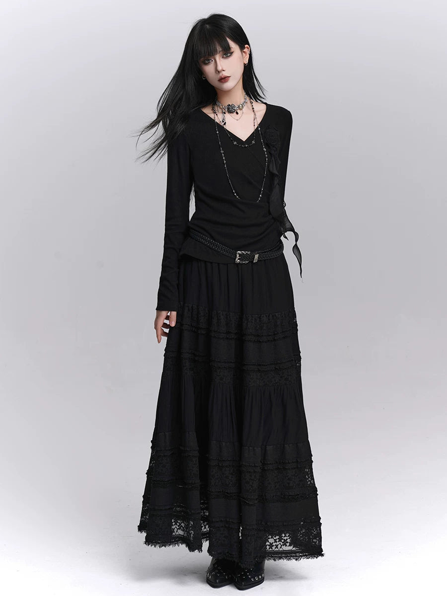 Black Lace A-Line Maxi Skirt for Women – High-Waisted Skirt