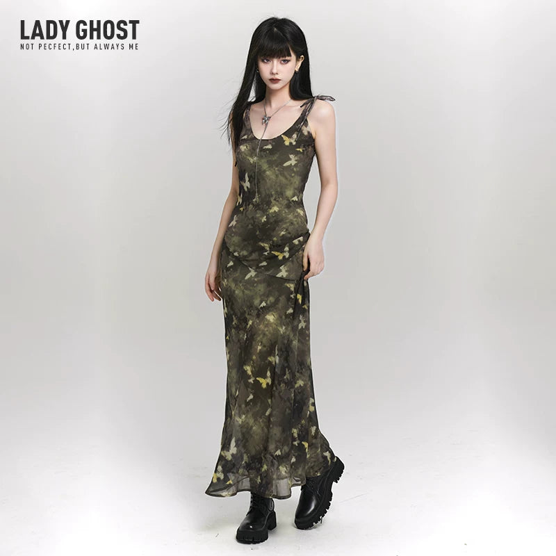 Green Butterfly Print Suspender Maxi Dress for Women – Fitted Summer Dress
