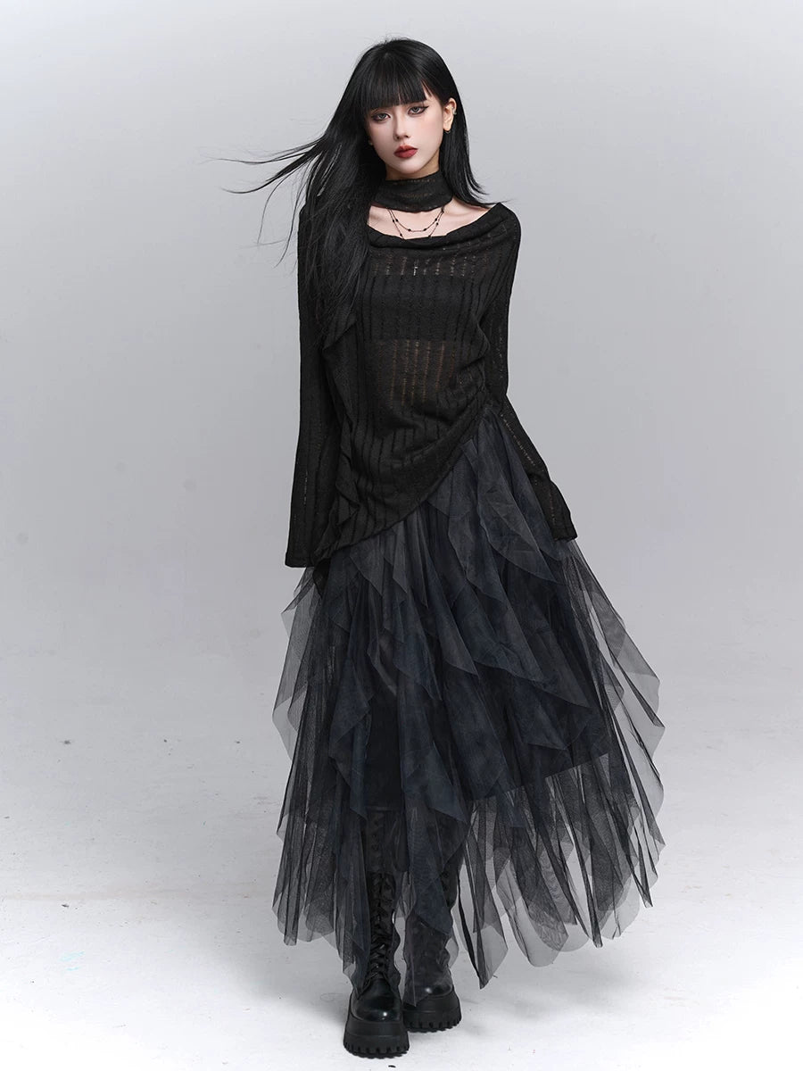 Women’s Black Long Sleeve Blouse with Cut-Out Detail – Lightweight Swing Collar Top for Fall