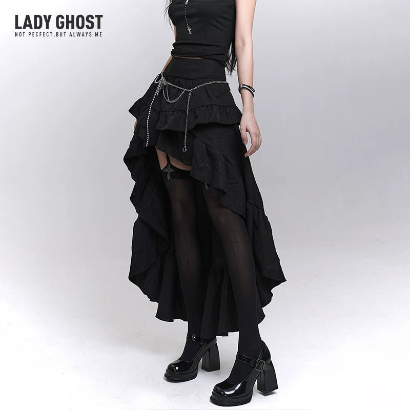 Black Asymmetrical Maxi Skirt for Women – Gothic-Inspired Long Skirt