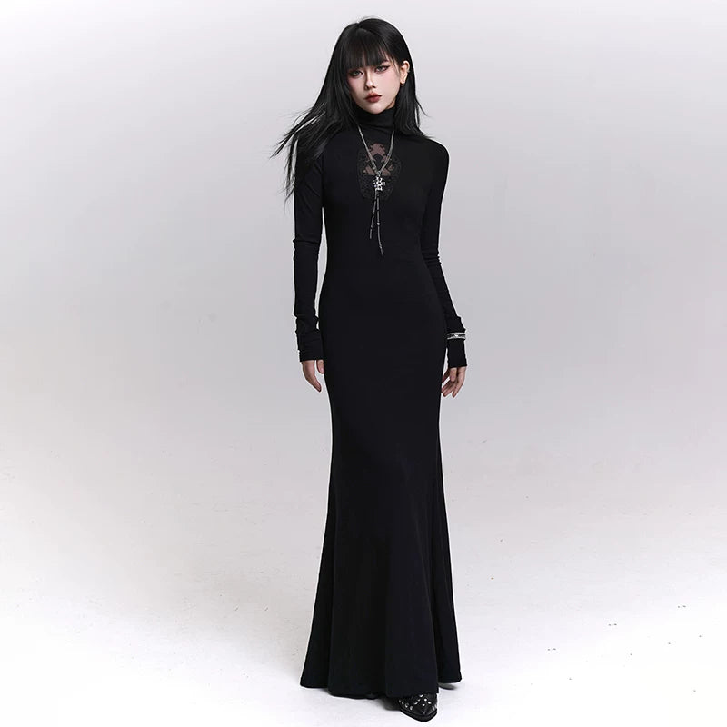 Women’s Black Gothic Maxi Dress – Long Sleeve A-Line Dark Style Layering Dress