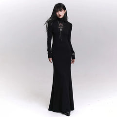 Women’s Black Gothic Maxi Dress – Long Sleeve A-Line Dark Style Layering Dress