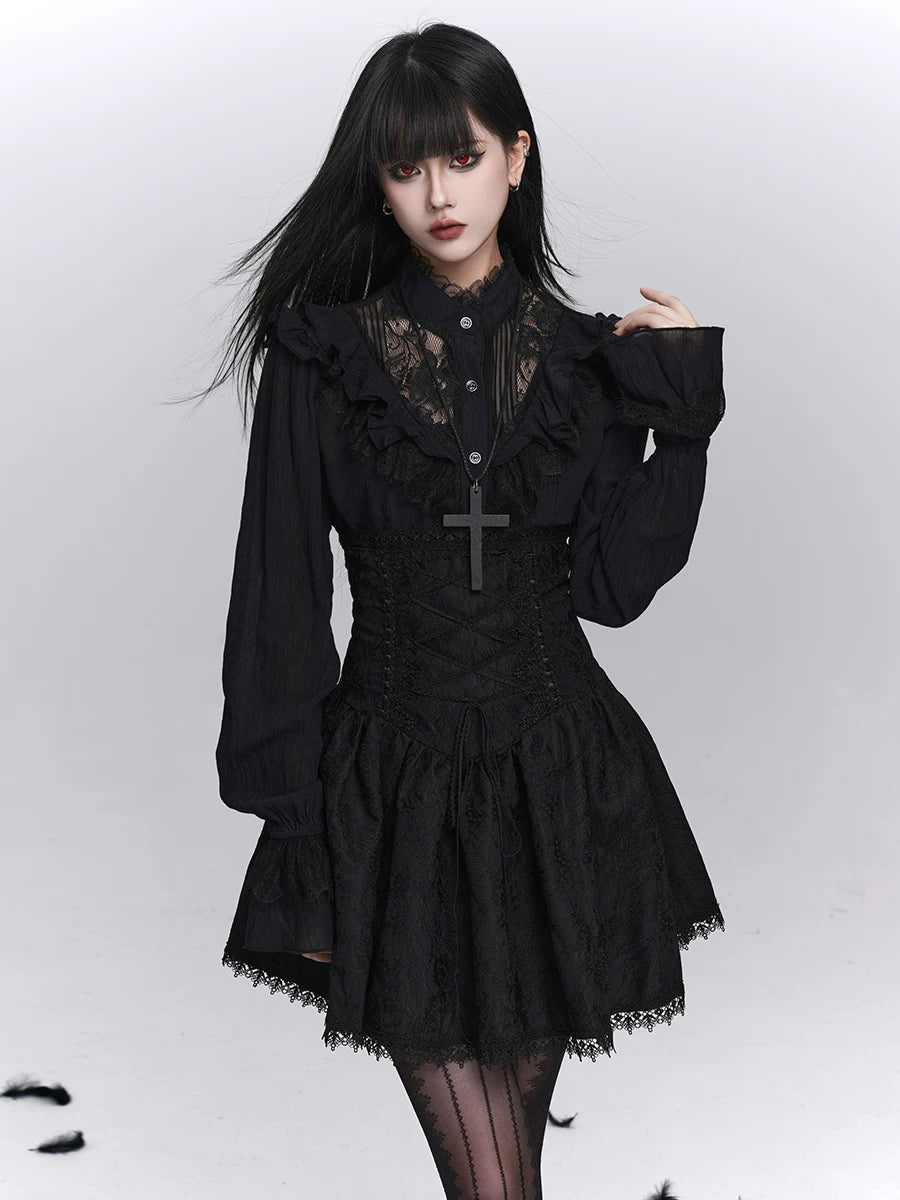 Women’s Black Long Sleeve Blouse – Gothic Style Structured Top