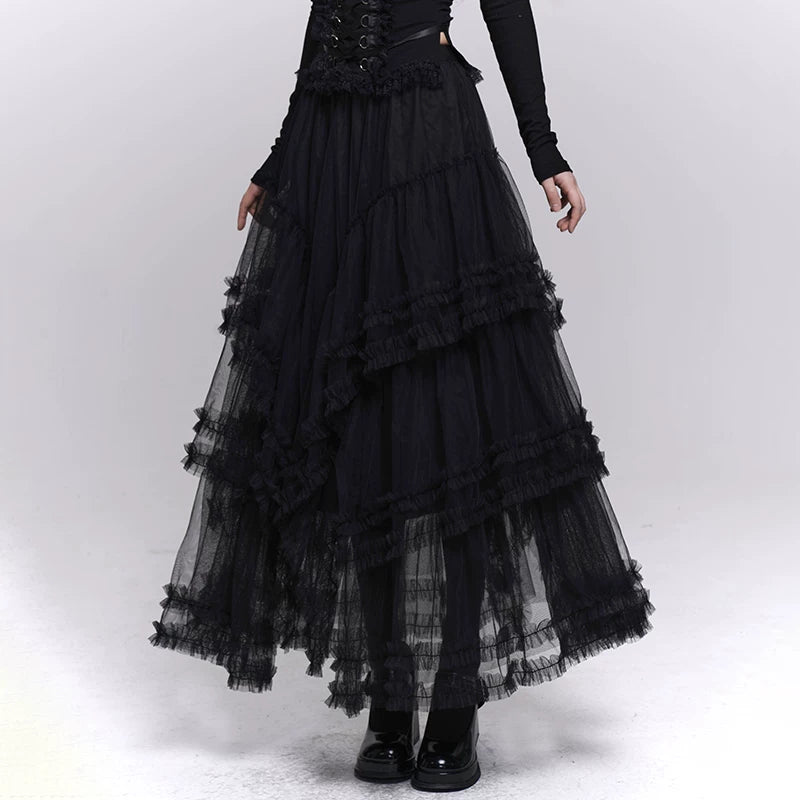 Women’s Black Mesh Maxi Skirt – Tiered Asymmetrical Long Skirt