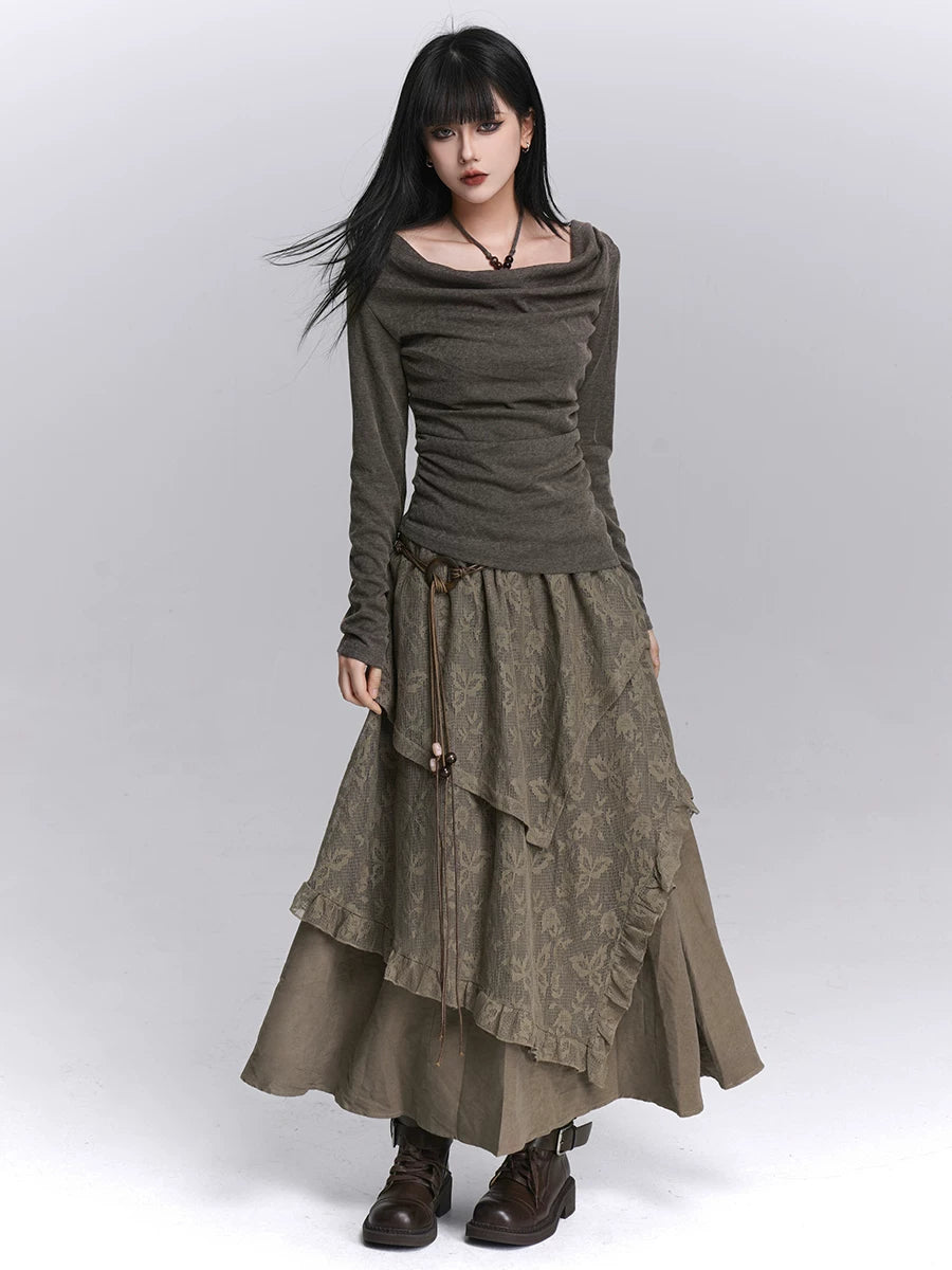 Brown High-Waisted Lace Maxi Skirt for Women – Layered A-Line Long Skirt