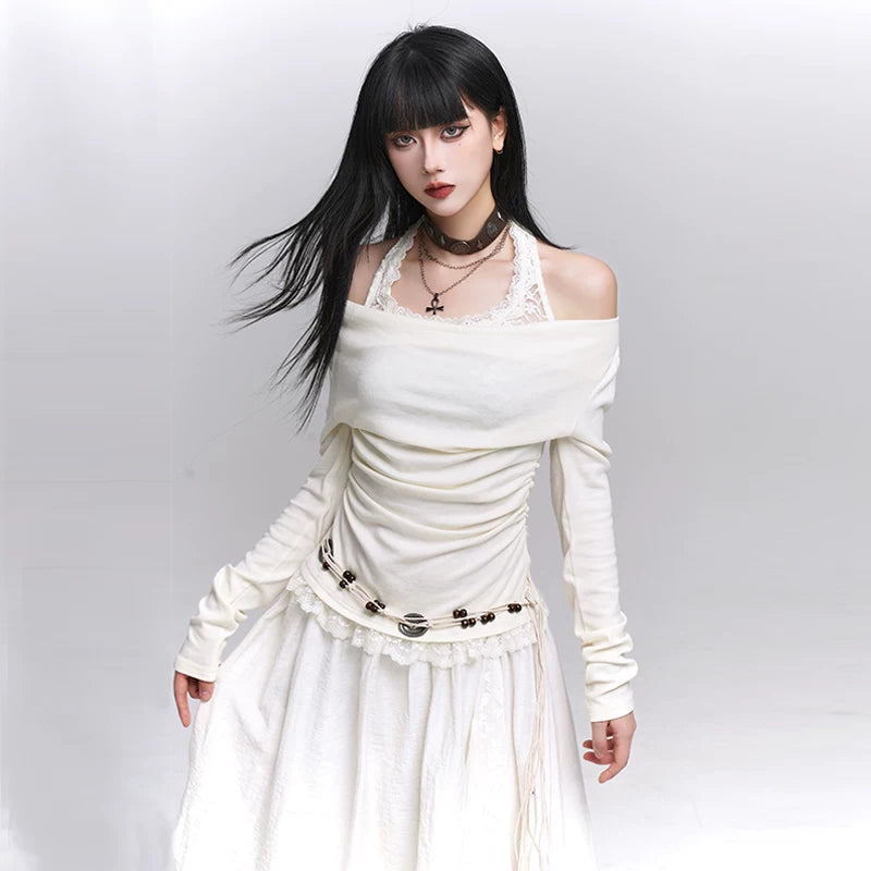 Off-Shoulder Long Sleeve Top for Women – Layered Two-in-One Design