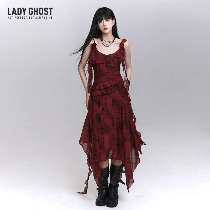 Red Suspender Maxi Dress for Women – Gothic-Inspired A-Line Summer Dress