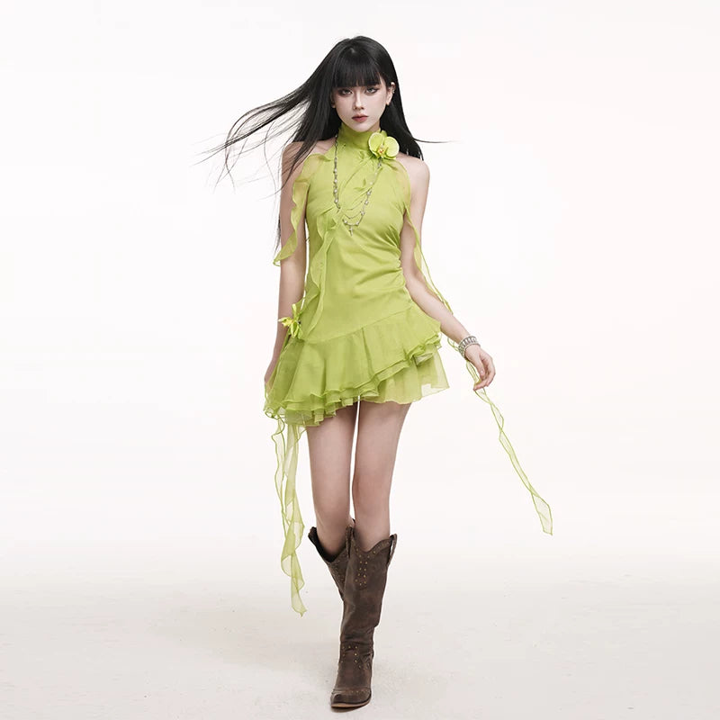 Green A-Line Mini Dress for Women – Waist-Cinching Summer Dress